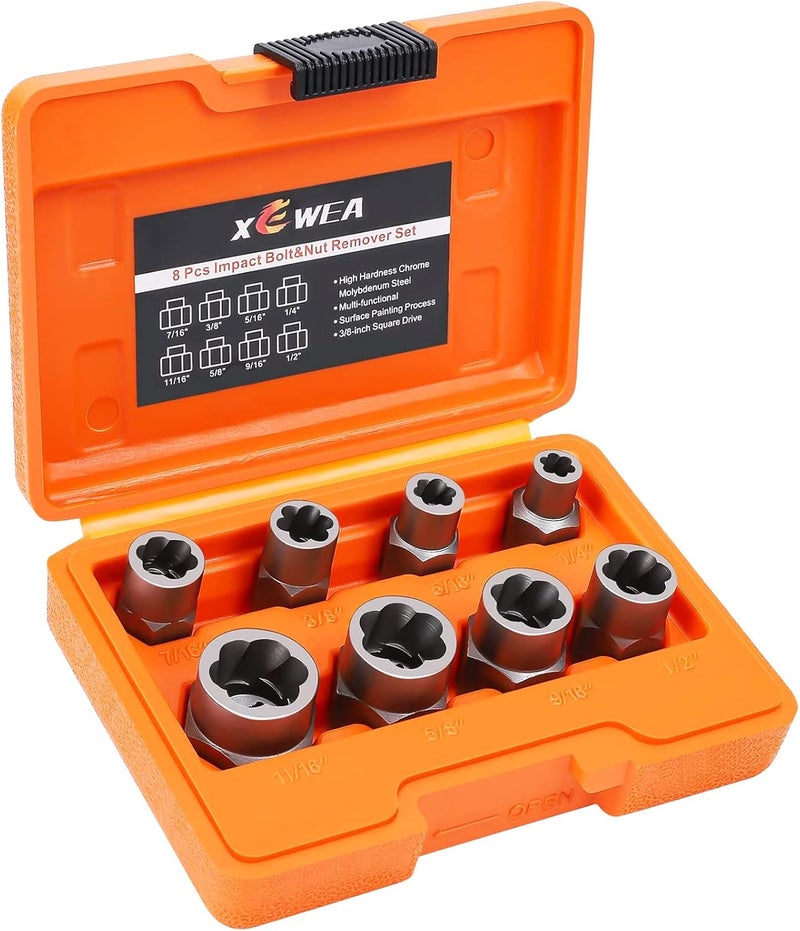 XEWEA 8PCS 3/8" Drive Impact Bolt & Nut Remover Set, Bolt Extractor Set Tool for Removing Stripped, Damaged, Rounded off and Broken Bolts & Nuts with Storage Case - Image 1